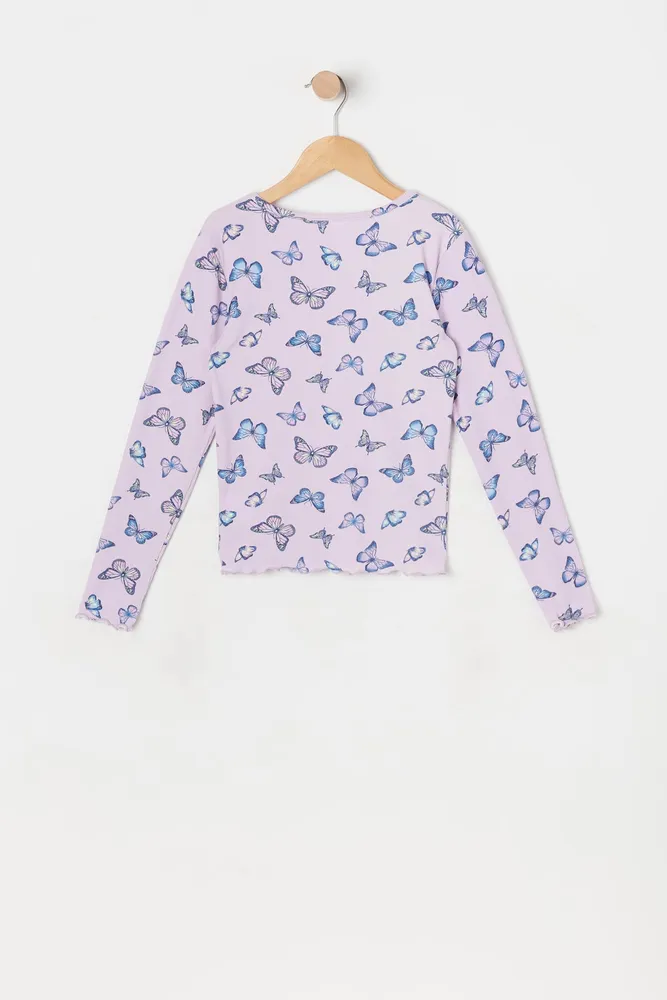 Girls Butterfly Print Lettuce Hem Top