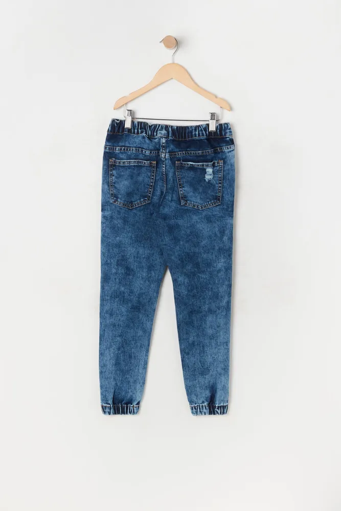 Boys Distressed Dark Acid Wash Denim Jogger