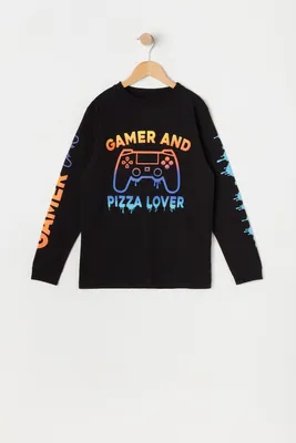 Boys Gamer And Pizza Lover Graphic Long Sleeve Top