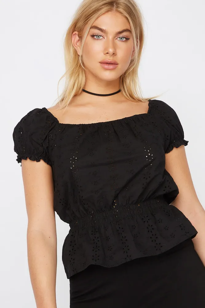 Eyelet Puff Sleeve Peplum Blouse