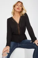 Crochet Trim Long Sleeve Peplum Blouse