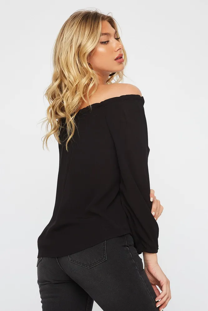 Off the Shoulder Horn Button Blouse