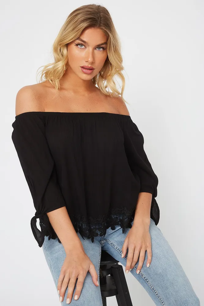 Crochet Trim Off the Shoulder Tie Sleeve Blouse