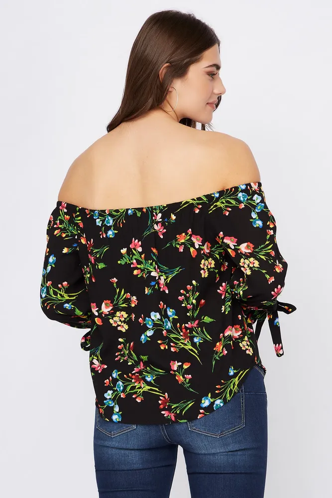 Printed Off the Shoulder Self-Tie Long Sleeve Blouse