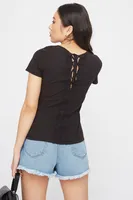 Ribbed Crochet Lace-Up Back T-Shirt