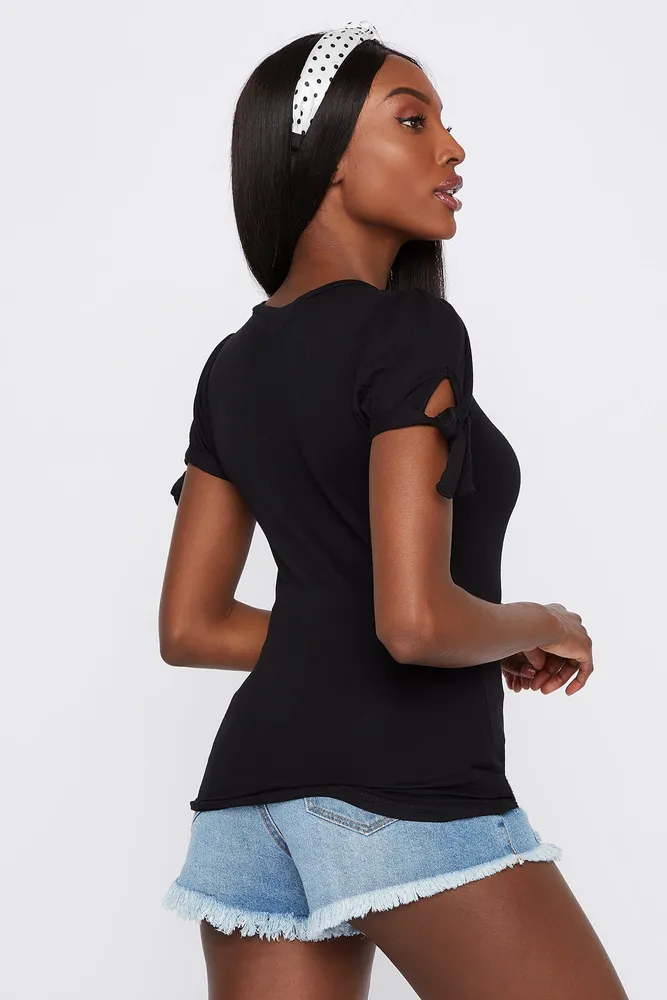 Scoop Neck Self-Tie Puff Sleeve T-Shirt