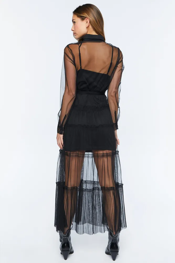 Sheer Collared Long Sleeve Maxi Dress