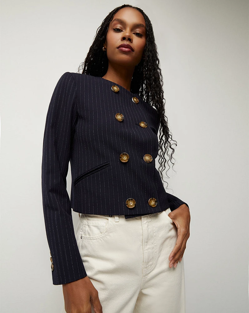 Winslow Pinstripe Collarless Jacket | Veronica Beard