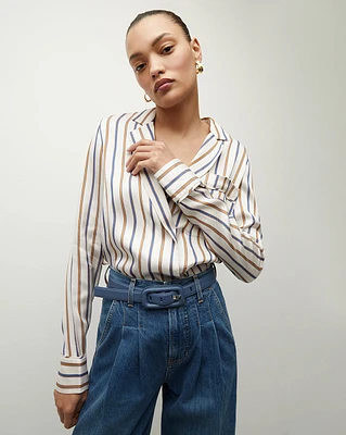 Lusanne Striped Long-Sleeve Silky Top | Veronica Beard