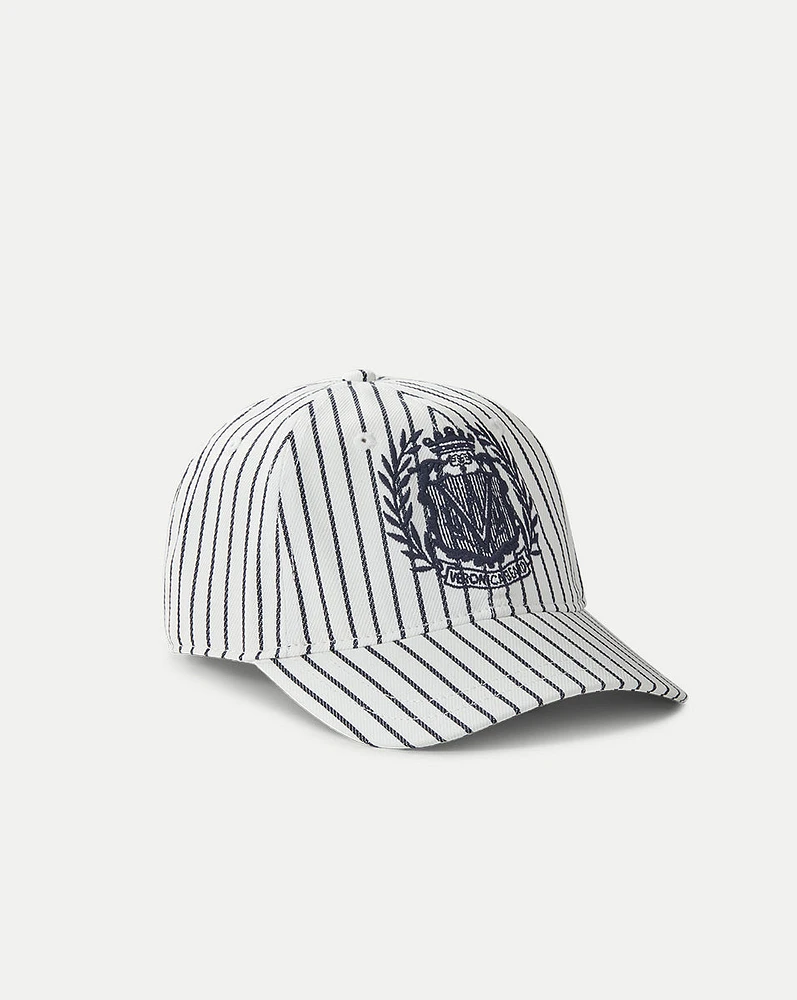 Striped Baseball Hat | Logo Crest in White/Navy | Veronica Beard