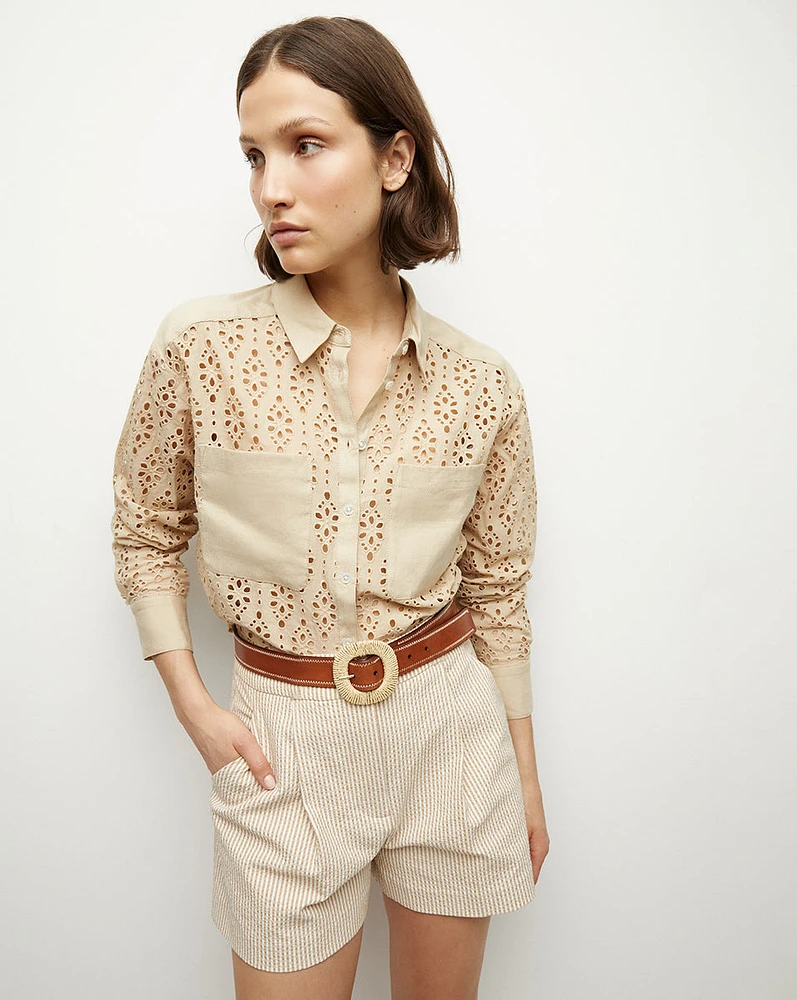 Aderes Cotton Eyelet Shirt in Stone Khaki | Veronica Beard