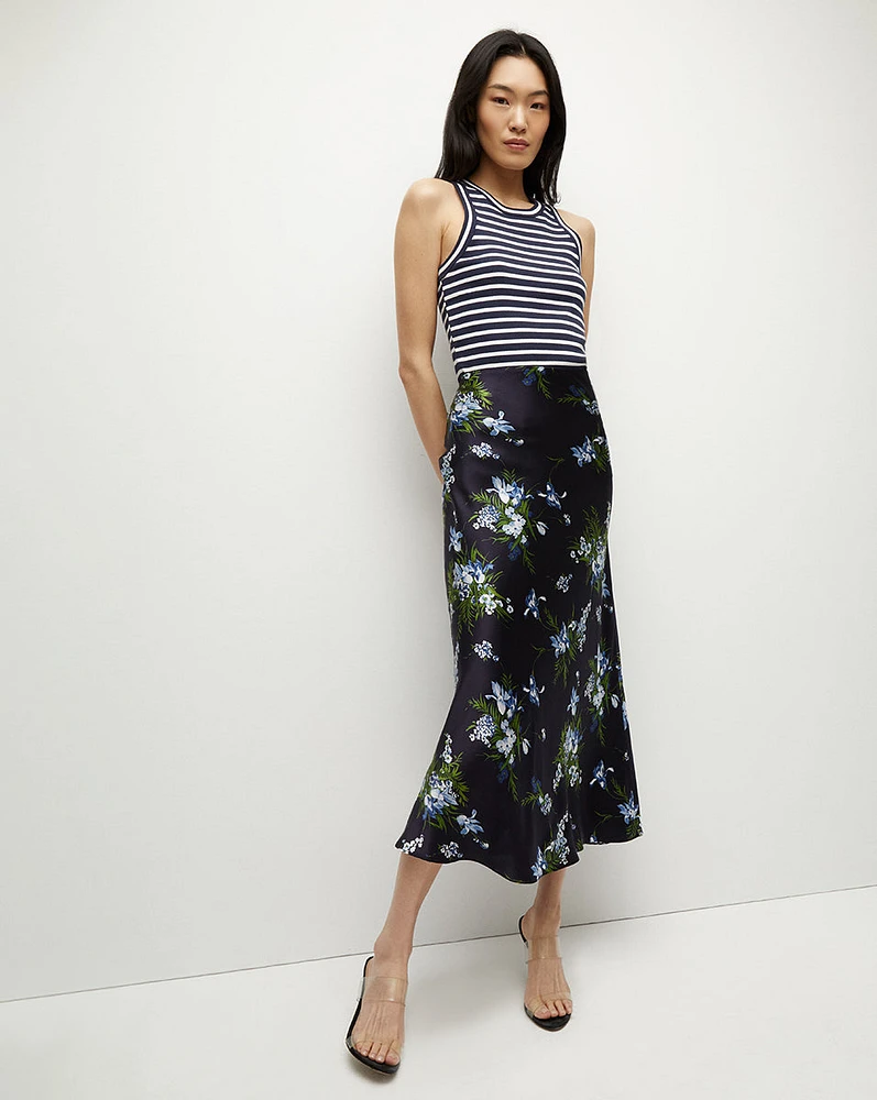 Clover Stretch-Silk Slip Skirt in Navy Multi | Veronica Beard