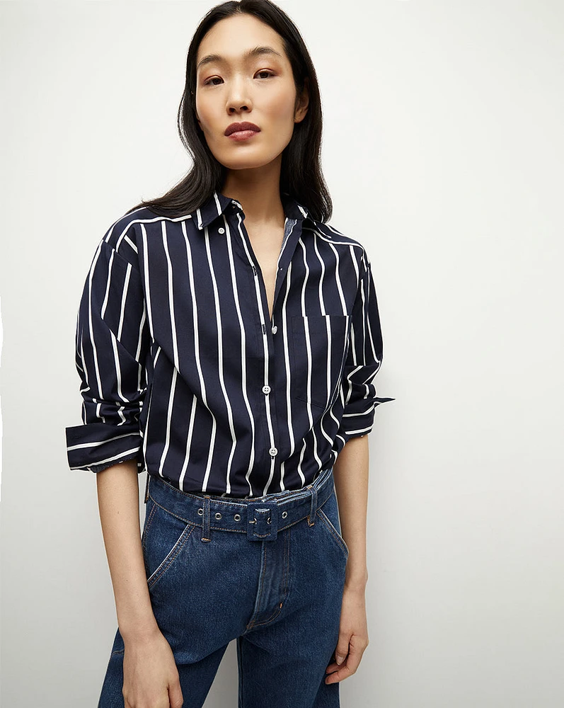 Lloyd Striped Button-Down Shirt in Navy/White | Veronica Beard