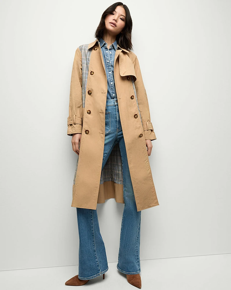 Liam Patchwork Plaid Trench Coat in Khaki | Veronica Beard