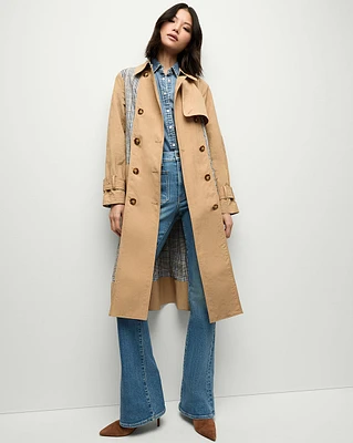 Liam Patchwork Plaid Trench Coat in Khaki | Veronica Beard