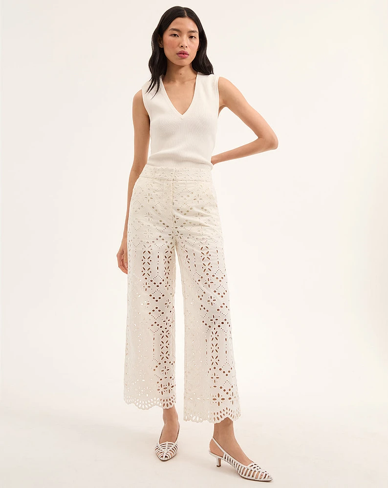 Kemper Cotton Eyelet Pant in Off-White | Veronica Beard