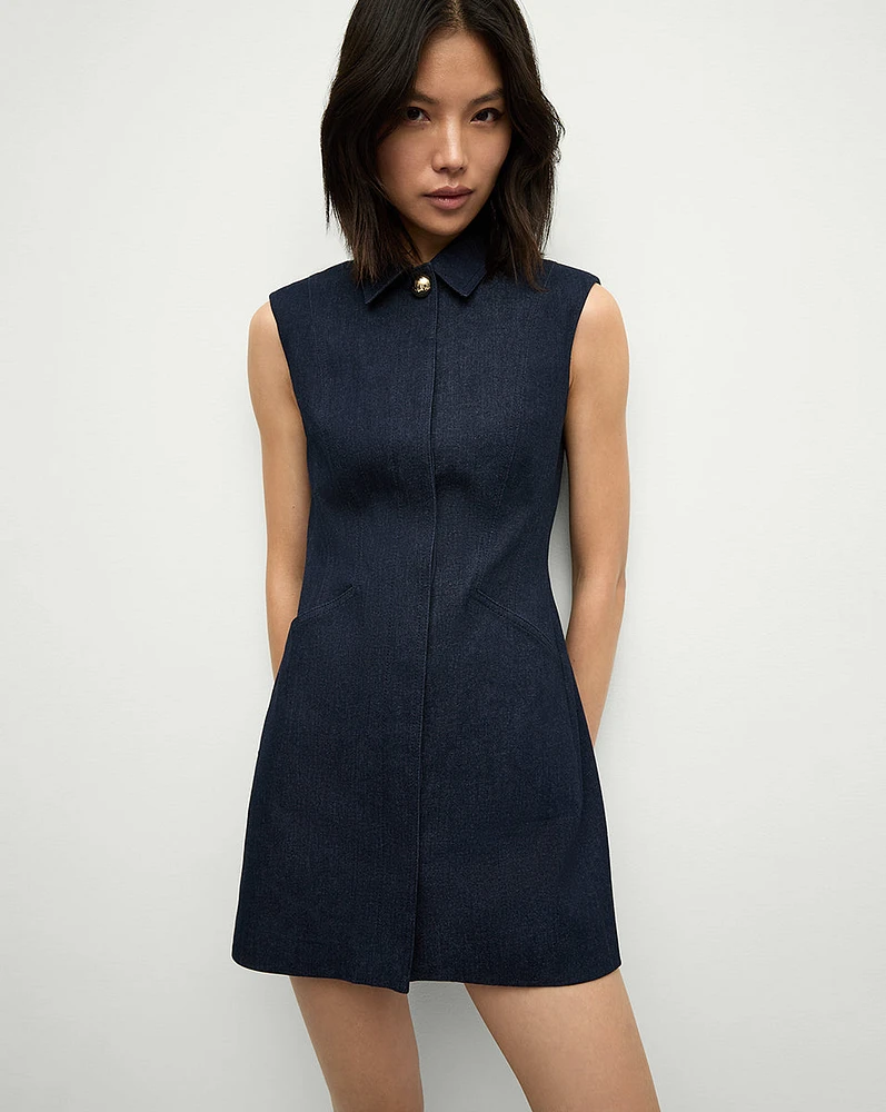 Serina Fitted Denim Dress in Dark Denim | Veronica Beard