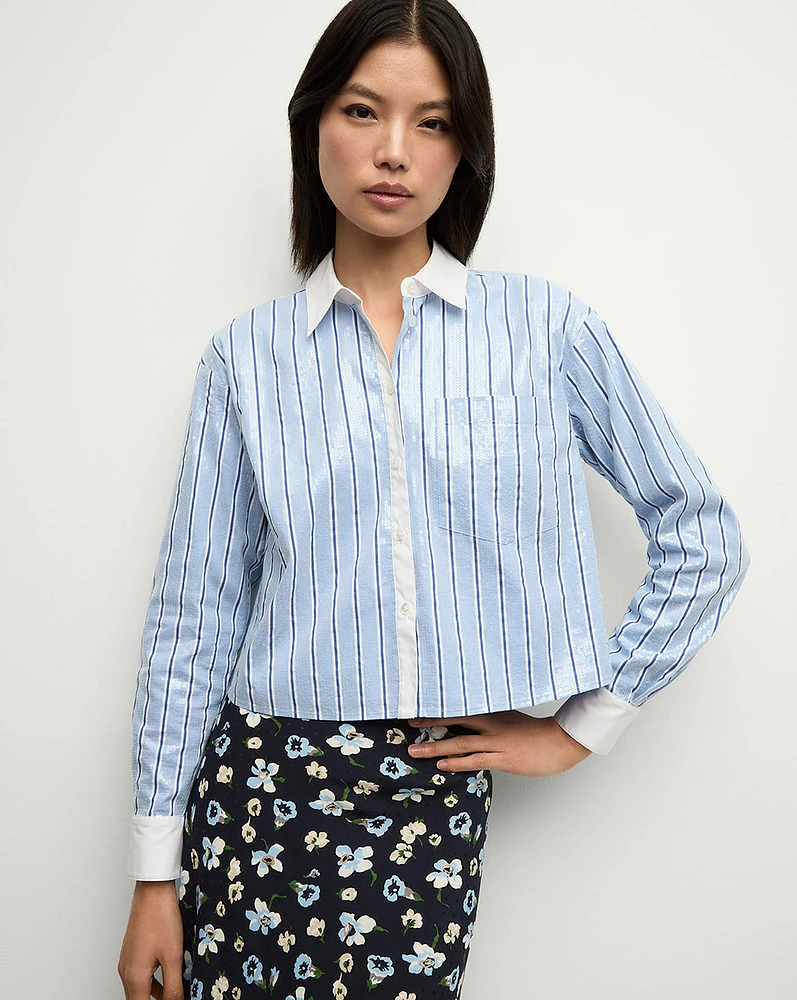 Maia Sequin Shirt in Blue & White Stripes | Veronica Beard