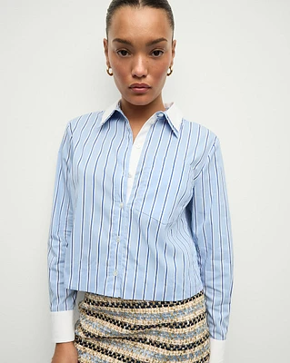 Maia Double-Collar Shirt in Blue & White Stripes | Veronica Beard