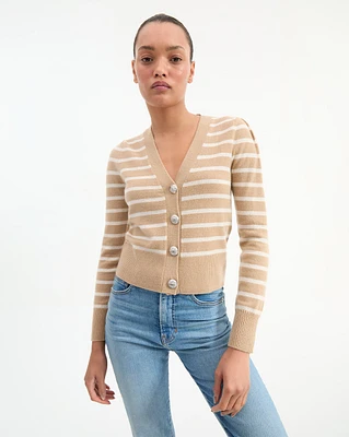 Solene Striped Cashmere Cardigan in Tan & White | Veronica Beard