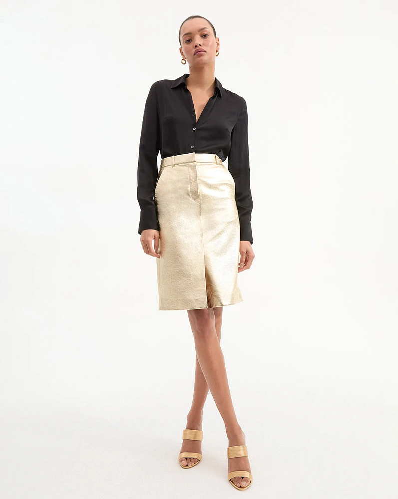 Maxine Leather Midi Skirt in Gold | Veronica Beard