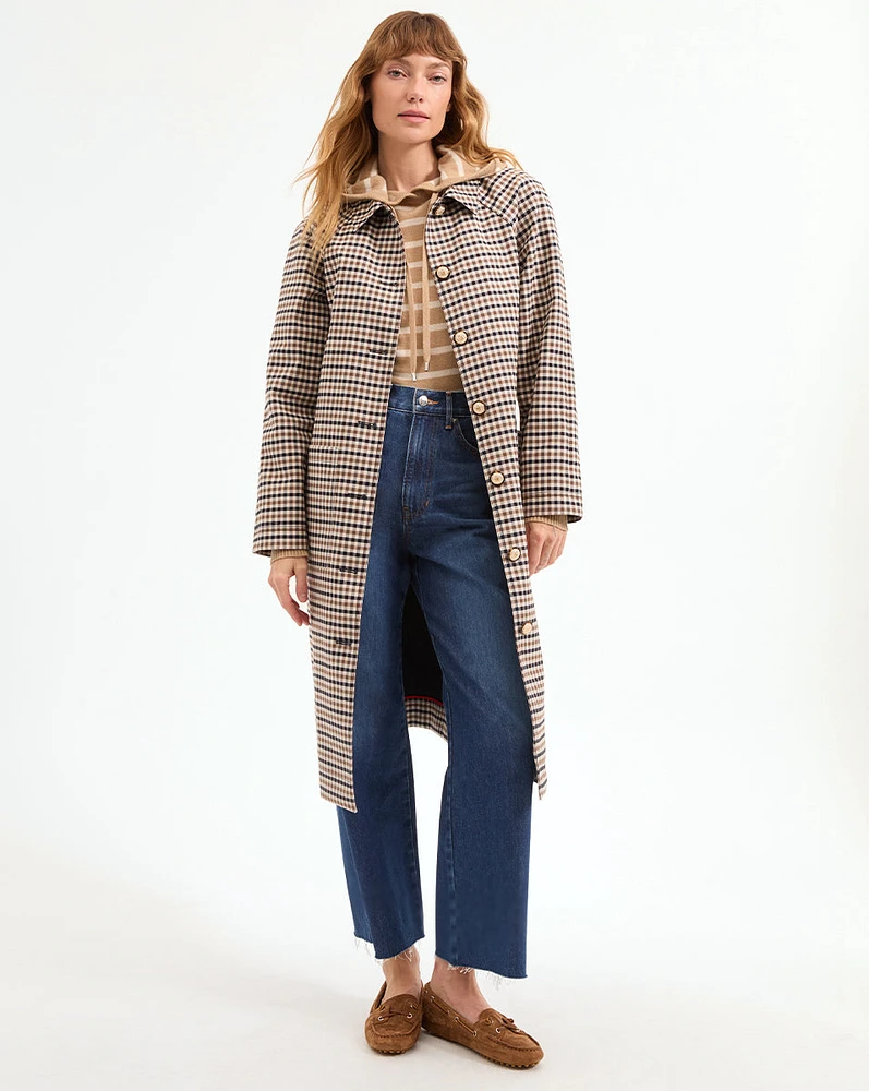 Quinton Long Coat in White & Brown Plaid | Veronica Beard