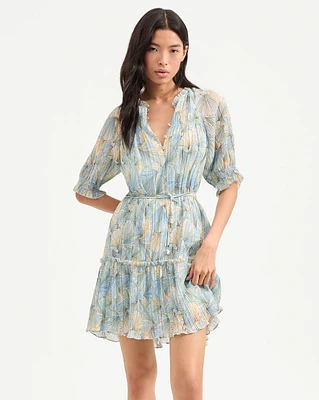 Dorrie Pleated Mini Dress in Powder Blue Multi | Veronica Beard