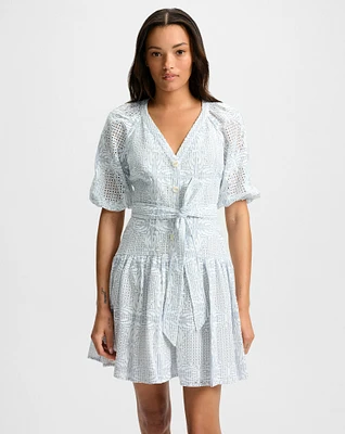 Bobbie Eyelet Mini Dress in Blue & White | Veronica Beard