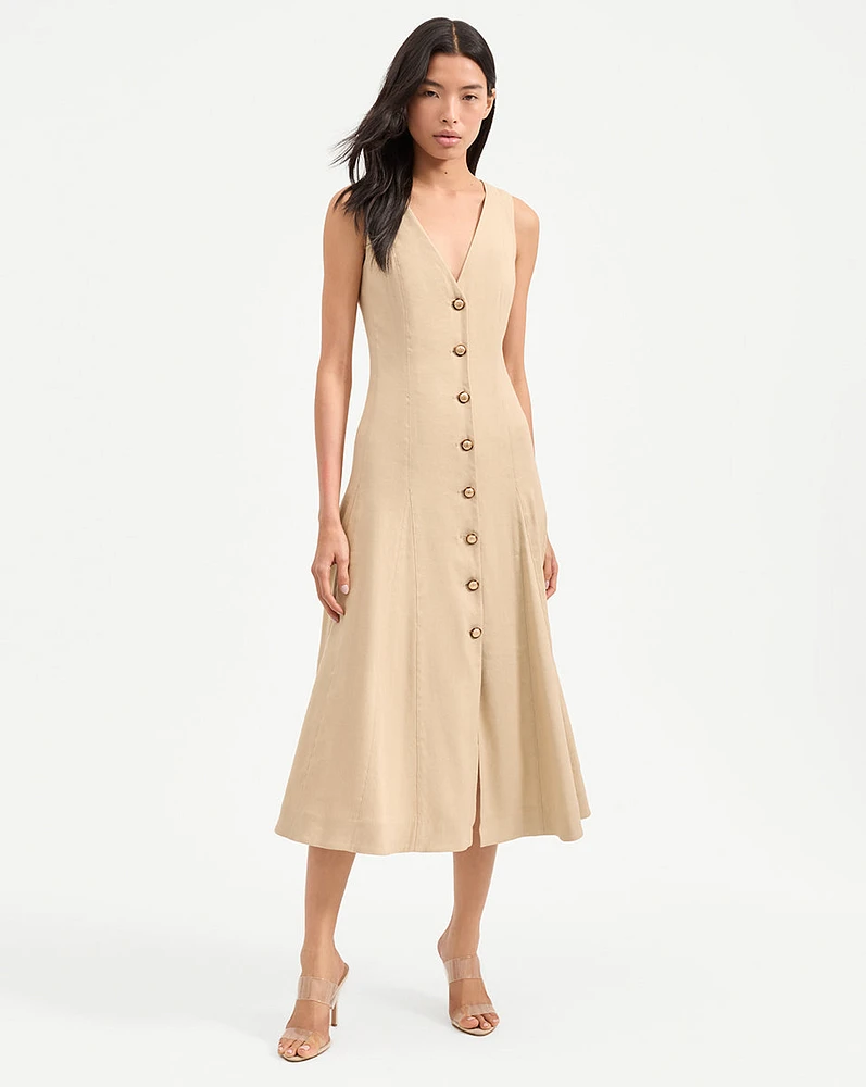 Lou Pleated Midi Dress in Stone Khaki | Veronica Beard