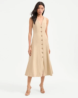 Lou Pleated Midi Dress in Stone Khaki | Veronica Beard