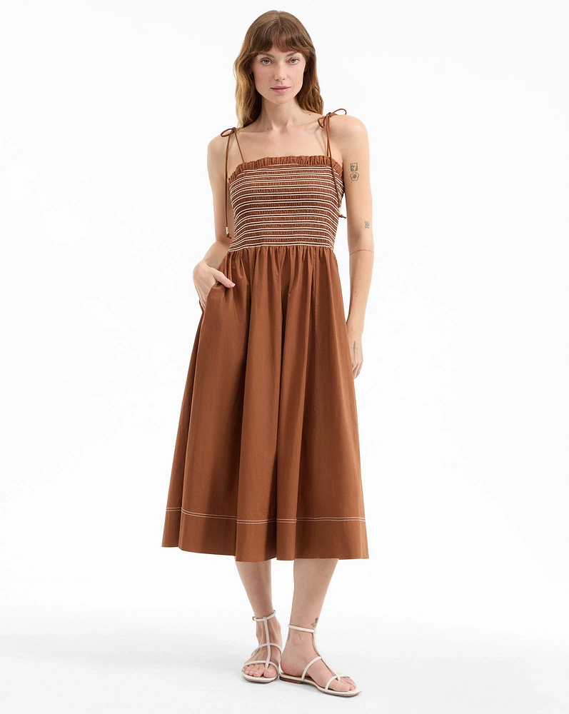 Kaela Smocked Midi Dress in Whisky | Veronica Beard