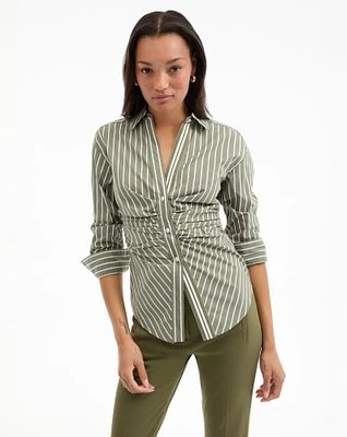 Devra Ruched Button-Down Shirt in Stone Army/White | Veronica Beard