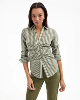 Devra Ruched Button-Down Shirt in Stone Army/White | Veronica Beard