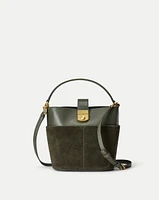 Small Crest Lock Suede Bucket Bag in Pine | Veronica Beard