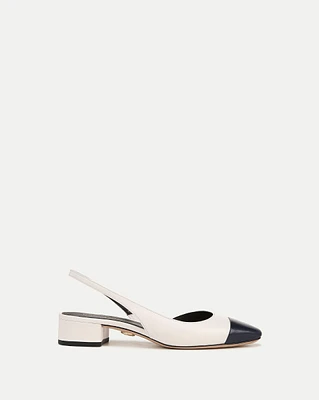 Cecile Leather Cap-Toe Slingback in White/Navy | Veronica Beard