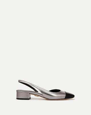 Cecile Leather Cap-Toe Slingback in Silver/Black | Veronica Beard