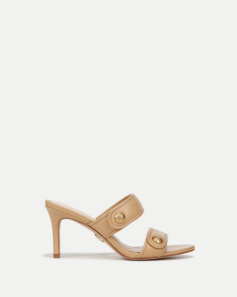 Sona Medium-Heel Beige Leather Sandal | Veronica Beard