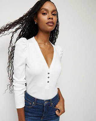 Dekalb Ribbed Puff-Sleeve V-Neck Top | Veronica Beard