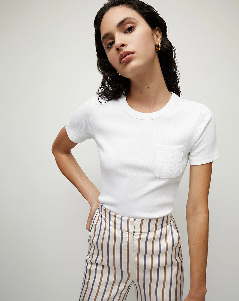 Pruitt White Ribbed Pocket Tee | Veronica Beard