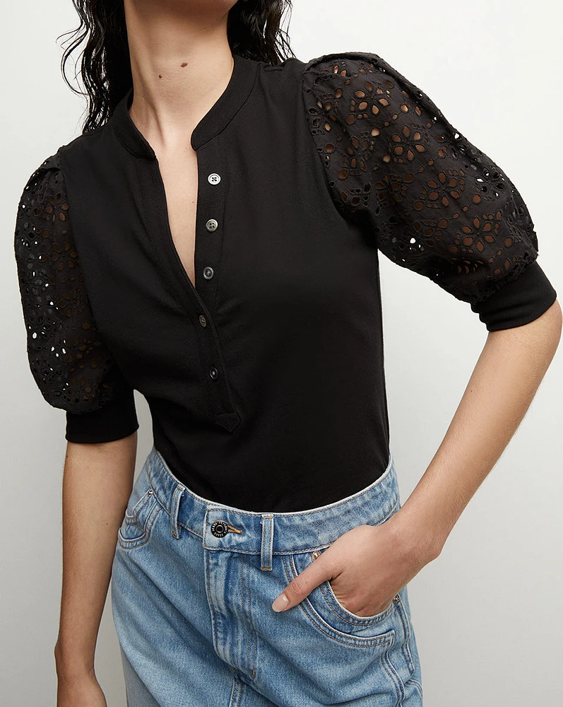 Coralee Eyelet Puff-Sleeve Tee in Black | Veronica Beard