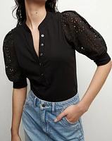 Coralee Eyelet Puff-Sleeve Tee in Black | Veronica Beard