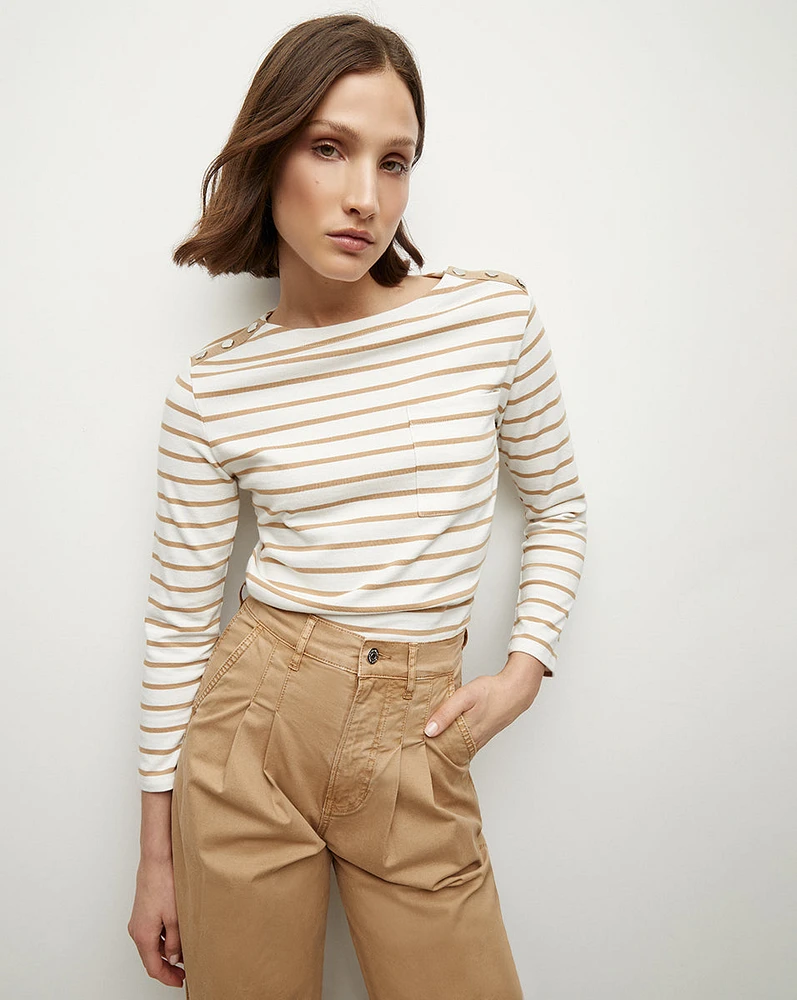 Hovey Striped Top in Off-White/Khaki | Veronica Beard