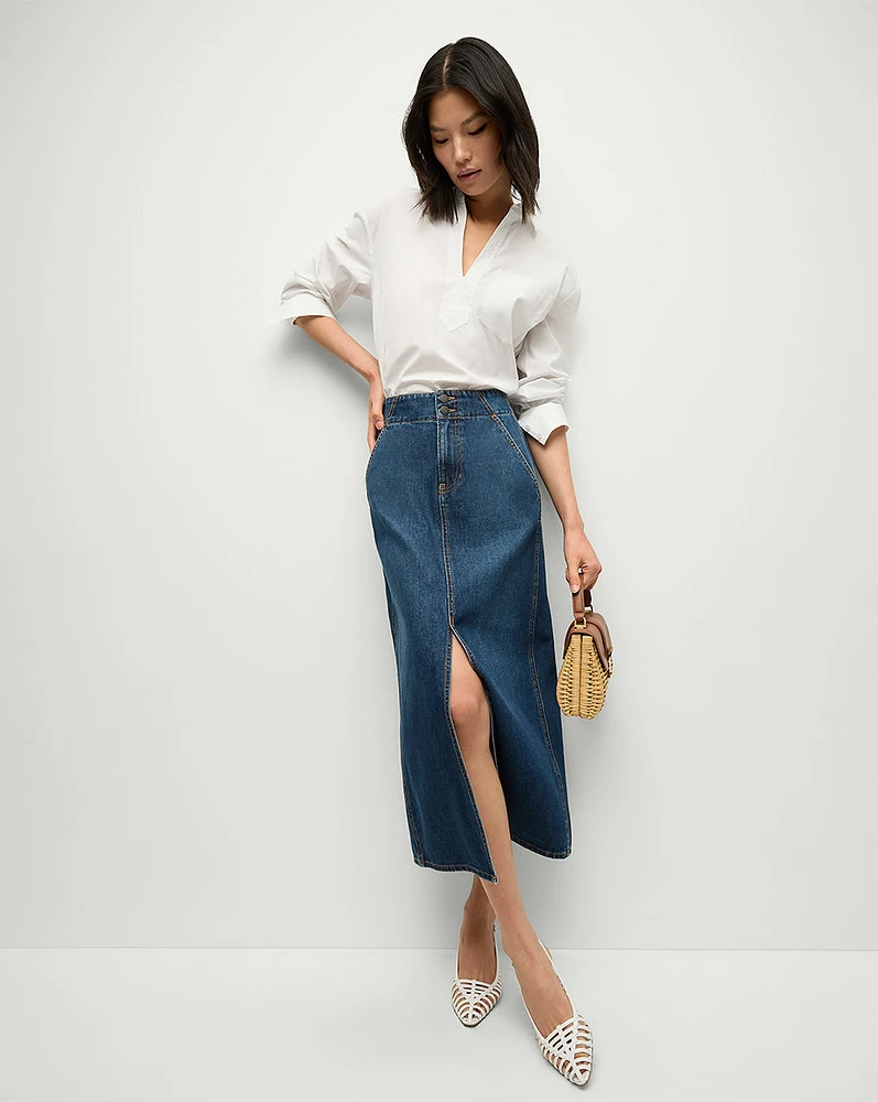 Patricia Denim Maxi Skirt in Blue Denim | Veronica Beard