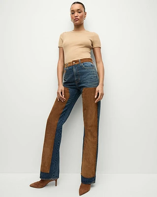 Dylan Suede Patchwork Straight-Leg Jeans in Blue | Veronica Beard