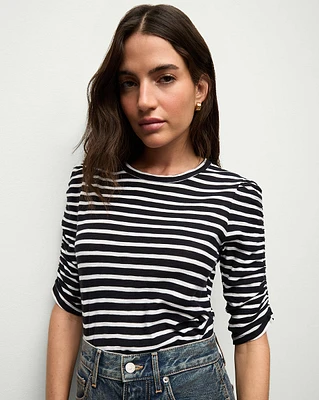 Waldorf Ruched-Sleeve Tee in Navy & White Stripes | Veronica Beard