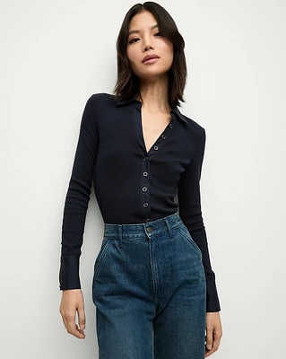 Scottie Button-Down Long Sleeve Top in Navy | Veronica Beard