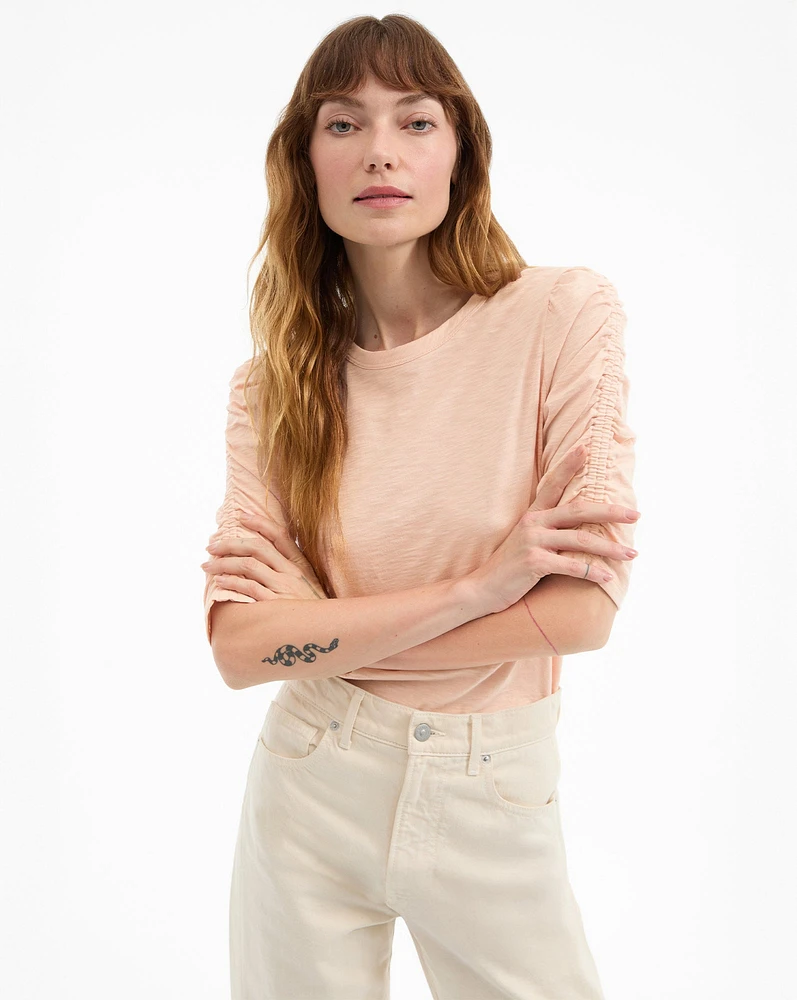 Waldorf Ruched-Sleeve Tee in Soft Coral | Veronica Beard