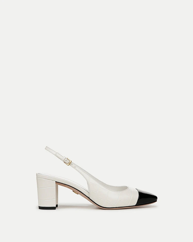 Cecile Croc-Embossed Cap-Toe Slingback Pump in White/Black | Veronica Beard