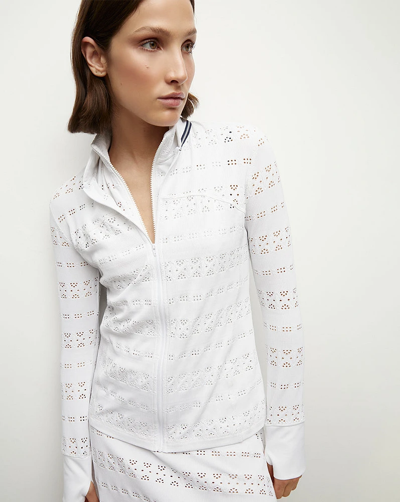 Performance Lace Jacket in White/Navy | Veronica Beard