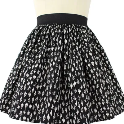 "Lindy" Cute Cacti A-line Pleated Skirt Black